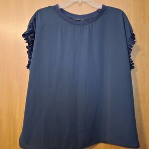 T Tahari Navy Ruffle Sleeve Top